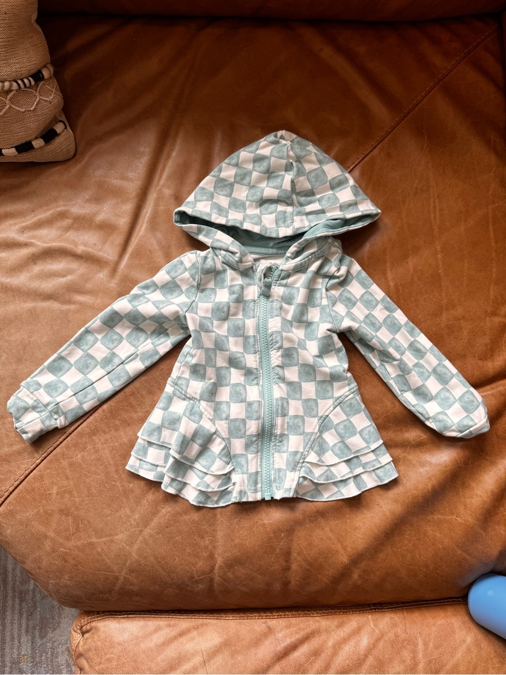 Little Sleepies Watercolor Checks Peplum Hoodie teal white 2t